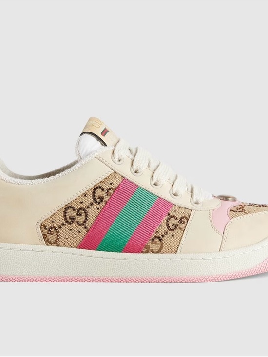 Gucci Shoes - Gucci Cream and Pink Low-Top Sneaker with Green Stripe